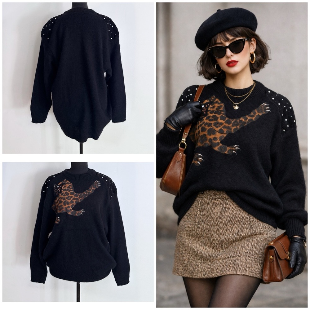 Vintag 80s 90s Joseph Ho Leopard Cat Jewel Studded Lambswool Rabbit Hair Sweater